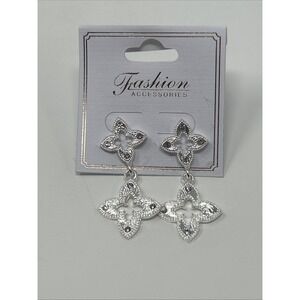 NWT Fashion Accessories Silver Tone Clover Dangle Earrings Rhinestone Accents